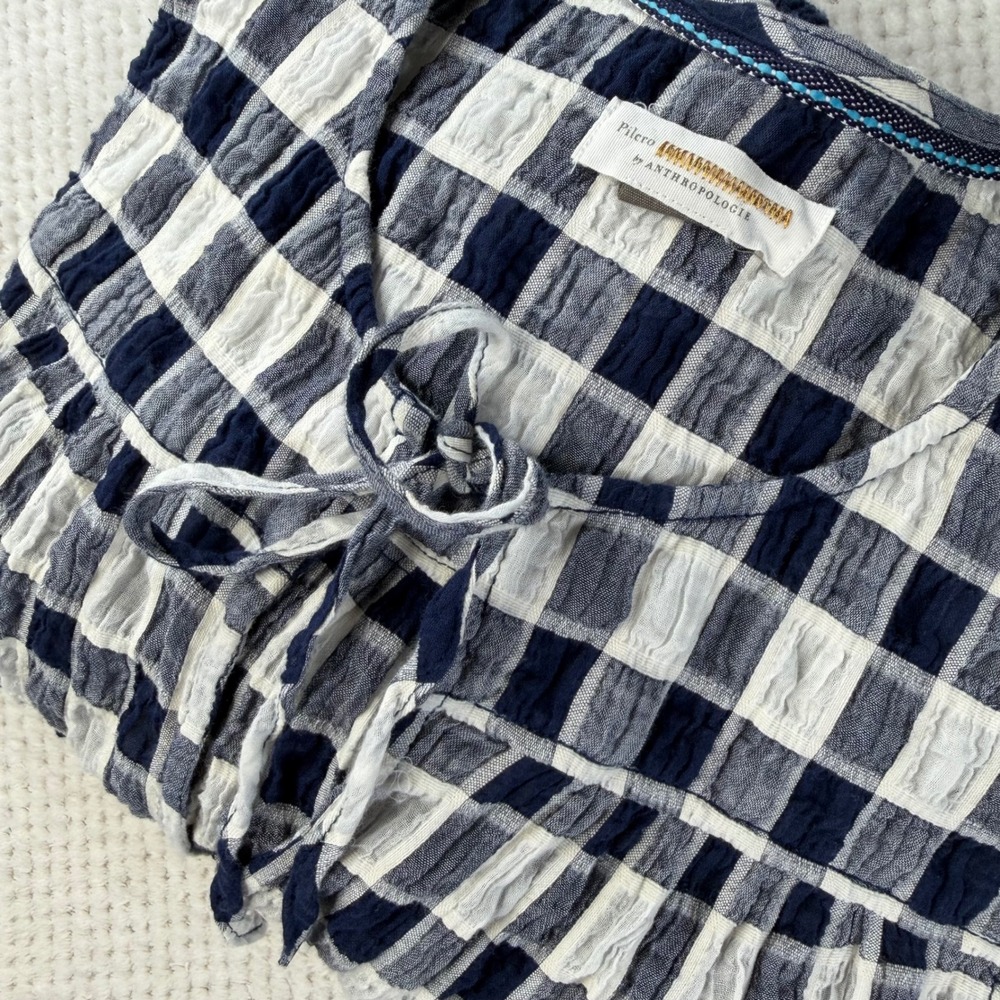Pilcro by Anthropologie Navy Gingham Seersucker Tiered Babydoll Tunic Top Medium